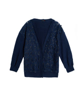 Navy blue lace cardigan on a white background