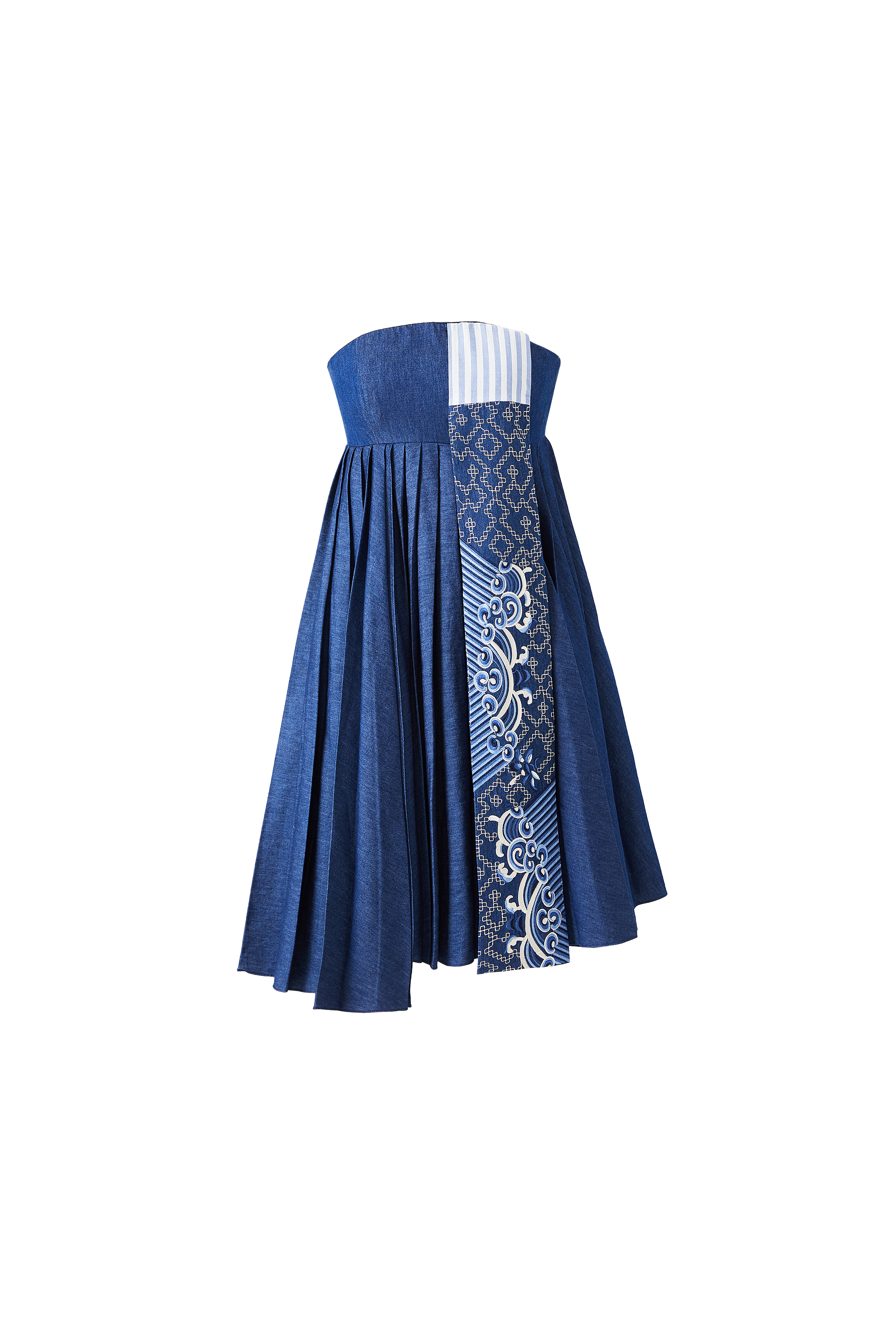 ABITO CHAMBRAY PLISSETTATO CON RICAMO COLORE BLU