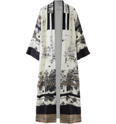 Long black, white, and gray patterned robe on a white background