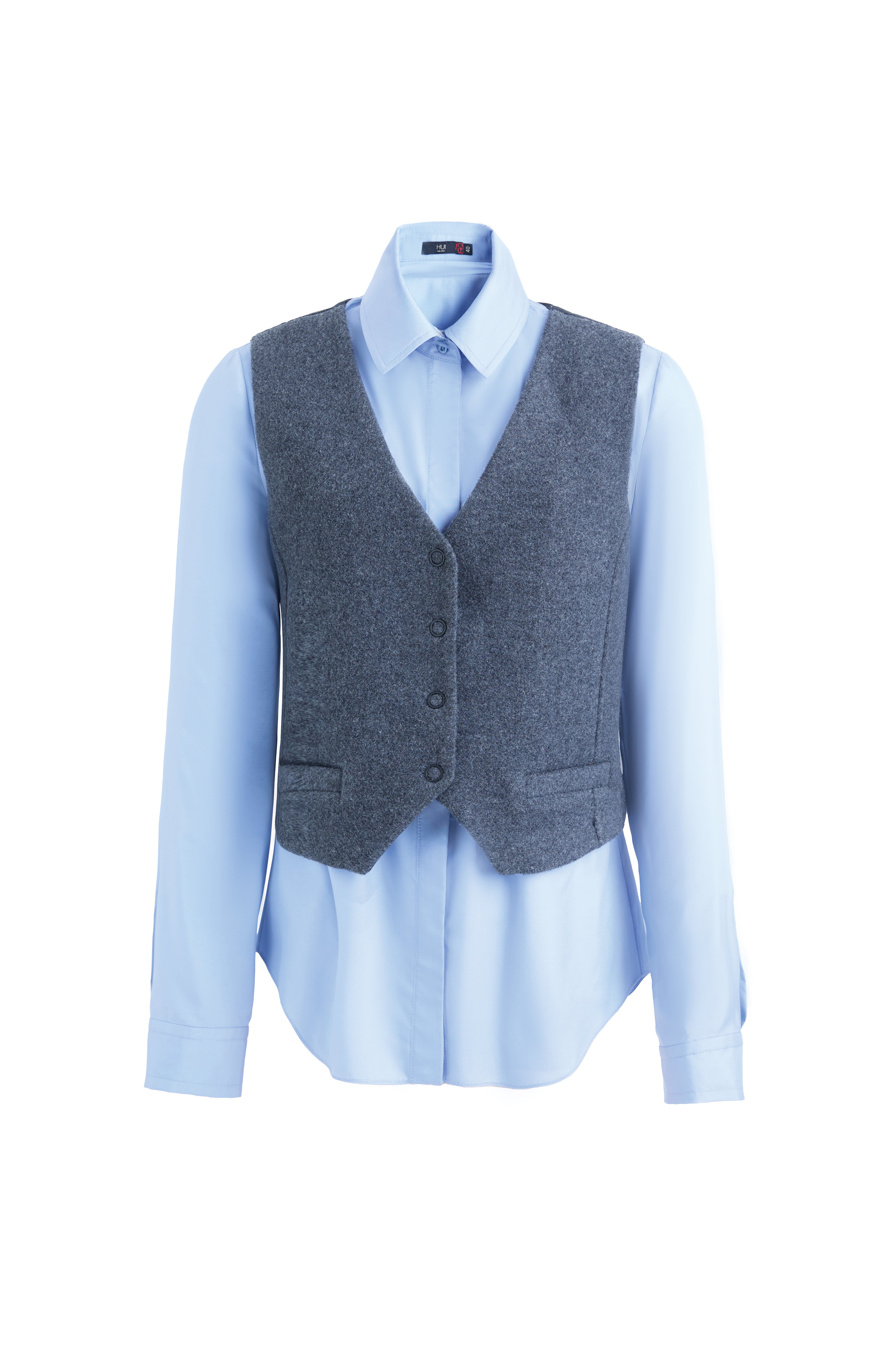 GILET GRIGIO CON CAMICIA BLU IN SETA