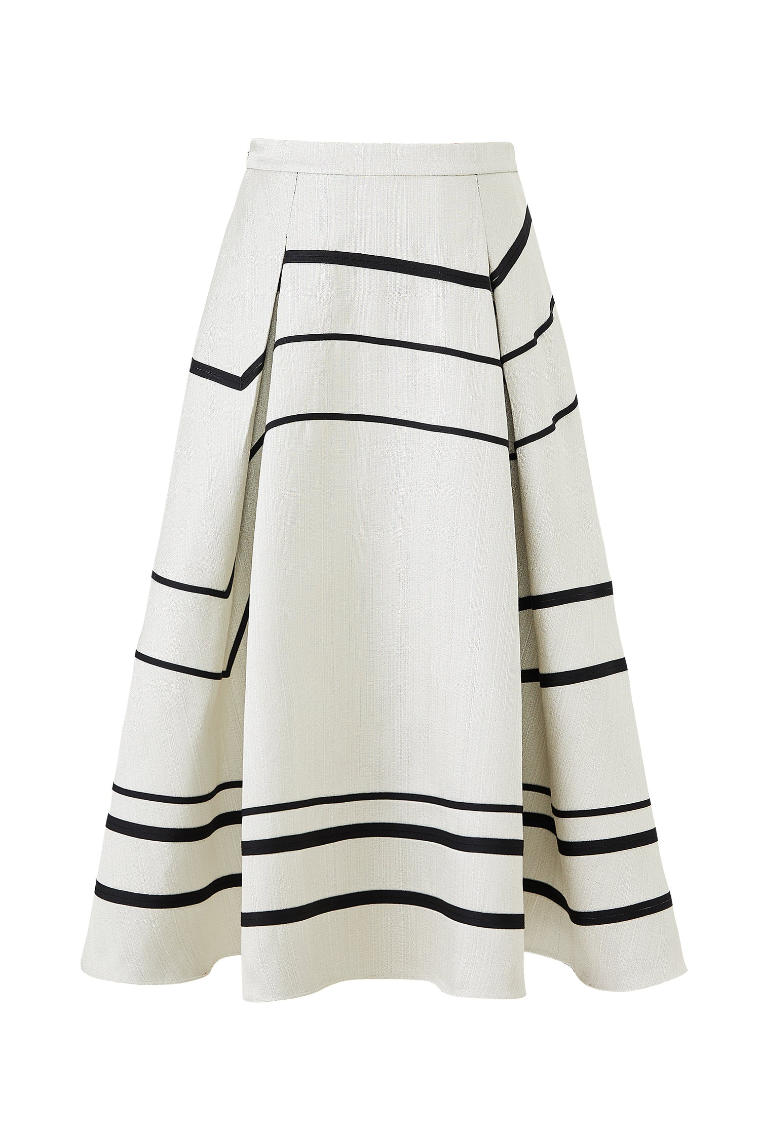 Black and white striped A-line swing skirt with sculpted silhouette, minimalist design with bold graphic contrast.