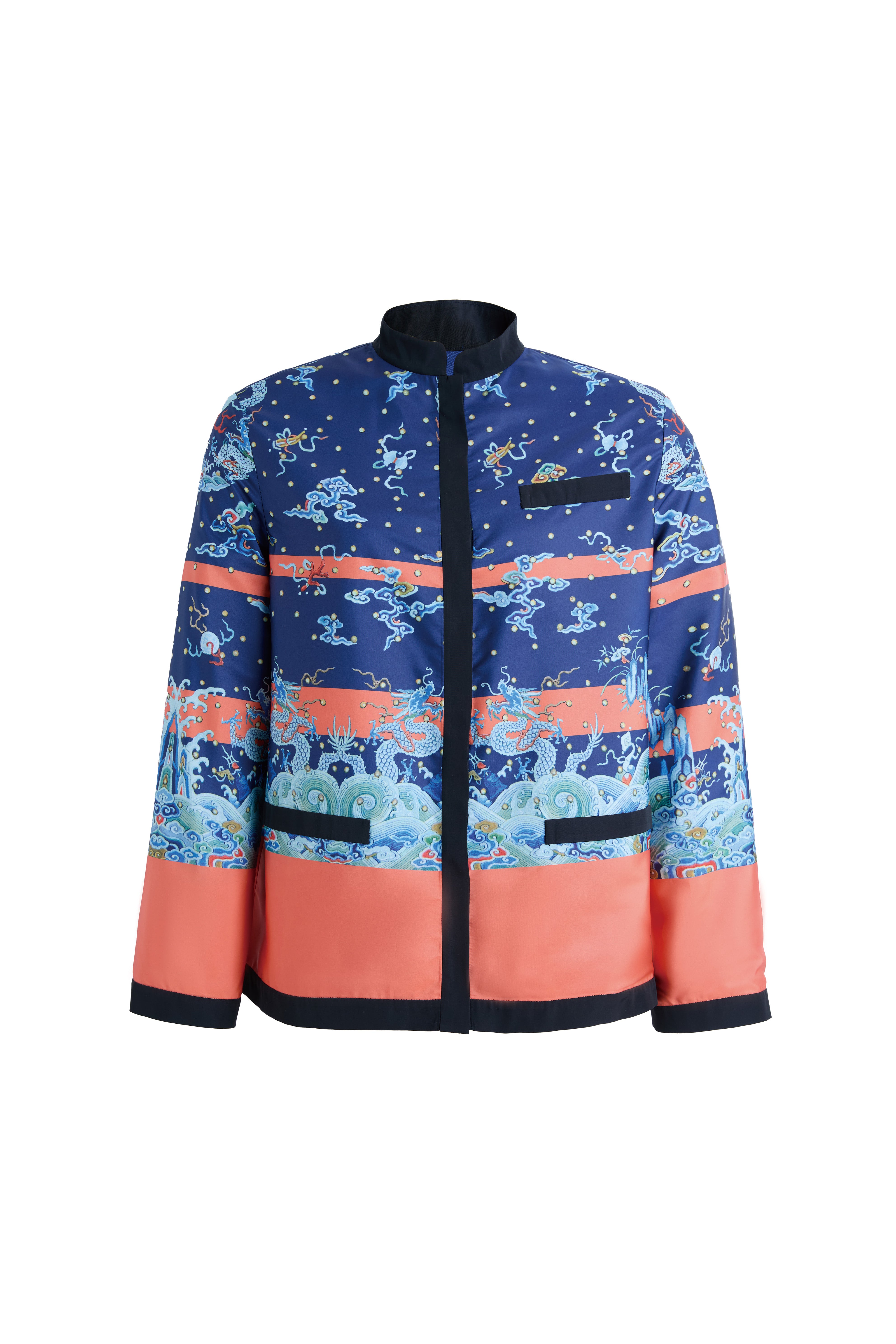 Hui Milano dark blue Chinese-style jacket with high collar, traditional dragon and cloud motifs, and orange stripe accents, blending oriental charm with modern elegance, front view on white background.