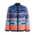 Hui Milano dark blue Chinese-style jacket with high collar, traditional dragon and cloud motifs, and orange stripe accents, blending oriental charm with modern elegance, front view on white background.