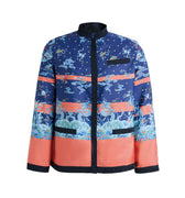 Hui Milano dark blue Chinese-style jacket with high collar, traditional dragon and cloud motifs, and orange stripe accents, blending oriental charm with modern elegance, front view on white background.