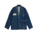 Hui Milano dark blue denim Chinese-style double-breasted jacket with side pockets, sequins and embroidered pipe bead details, blending elegance and contemporary style, front view on white background.