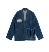Hui Milano dark blue denim Chinese-style double-breasted jacket with side pockets, sequins and embroidered pipe bead details, blending elegance and contemporary style, front view on white background.