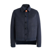 Hui Milano dark blue jacket with collar, front closure with decorative knotted buttons, embossed texture, and large chest pockets, combining traditional Chinese-inspired design with elegant structure, front view on white background.