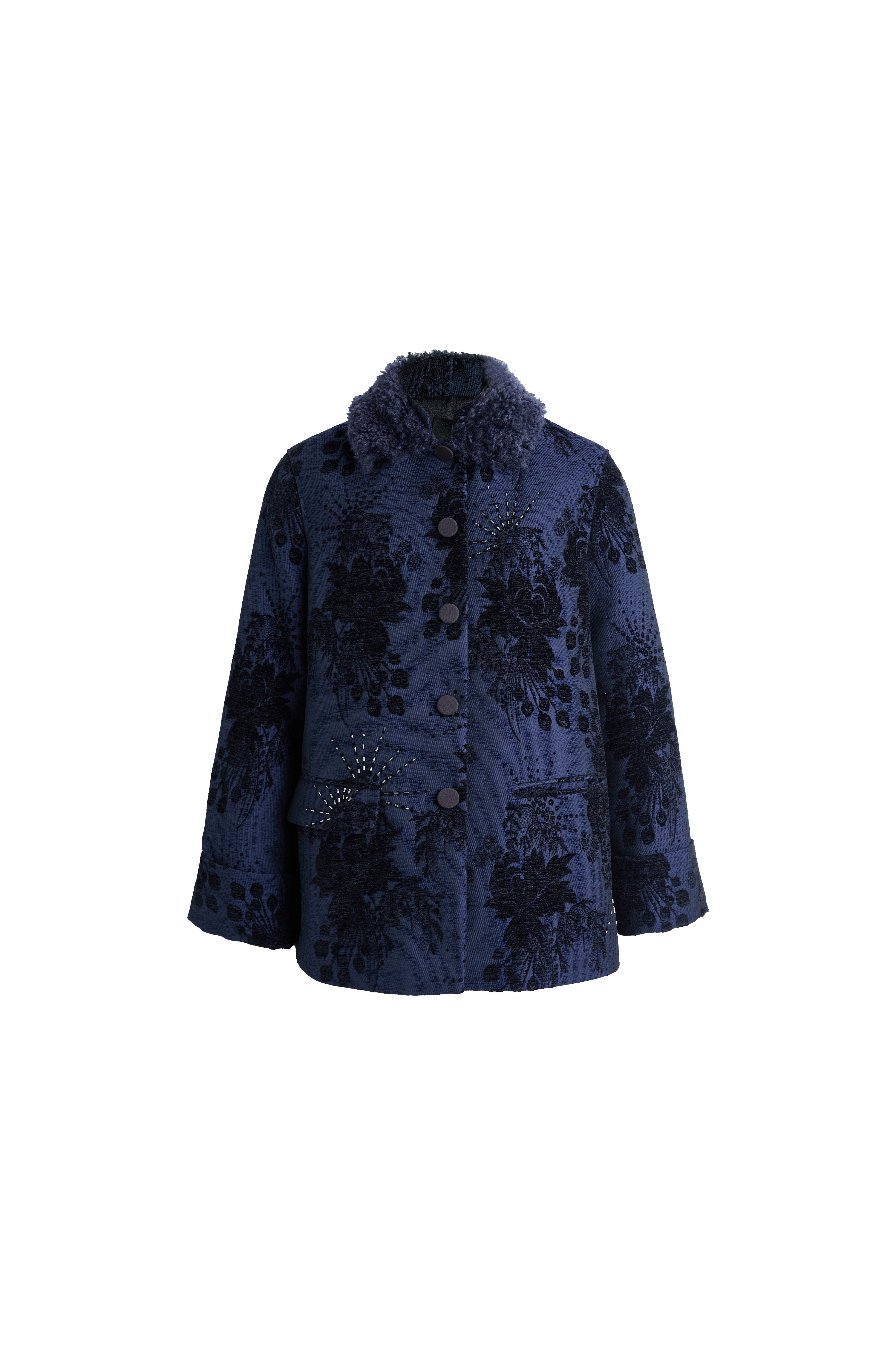 Hui Milano dark blue corduroy velvet Chinese-style jacket with chenille jacquard pattern, hand-beaded details, fur collar, button closure, and side pockets, vintage-inspired elegant design, front view on white background.