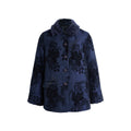 Hui Milano dark blue corduroy velvet Chinese-style jacket with chenille jacquard pattern, hand-beaded details, fur collar, button closure, and side pockets, vintage-inspired elegant design, front view on white background.