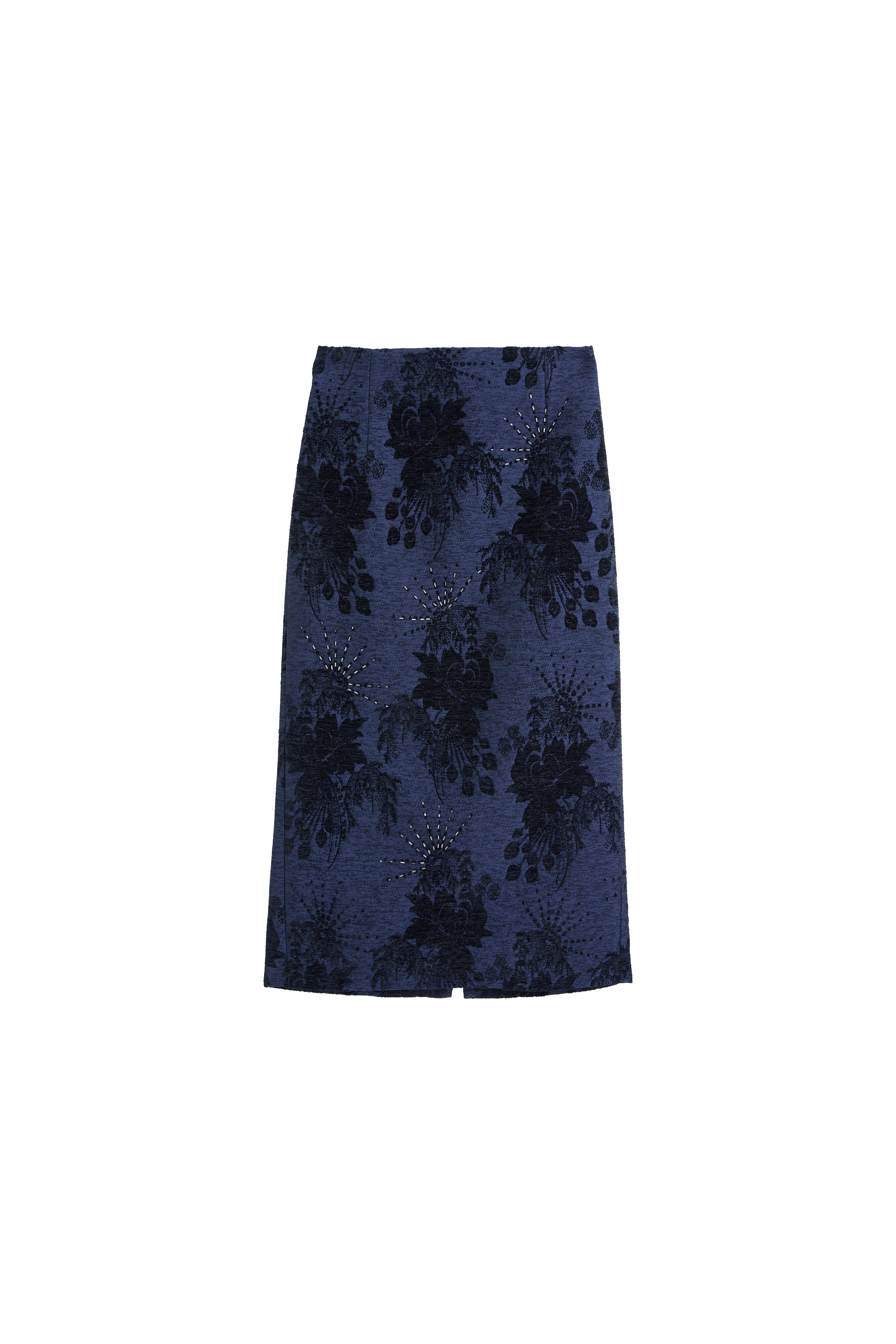 Hui Milano dark blue jacquard velvet midi skirt with three-dimensional floral patterns and hand-bound bead embellishments, classic cut with seawater embroidery and chenille jacquard fabric, elegant and versatile design, front view on white background.