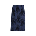 Hui Milano dark blue jacquard velvet midi skirt with three-dimensional floral patterns and hand-bound bead embellishments, classic cut with seawater embroidery and chenille jacquard fabric, elegant and versatile design, front view on white background.