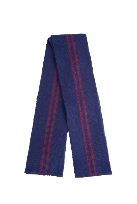 Hui Milano long dark blue wool scarf with minimalist design and two bold red vertical stripes, versatile accessory for casual or formal looks, front view on white background.