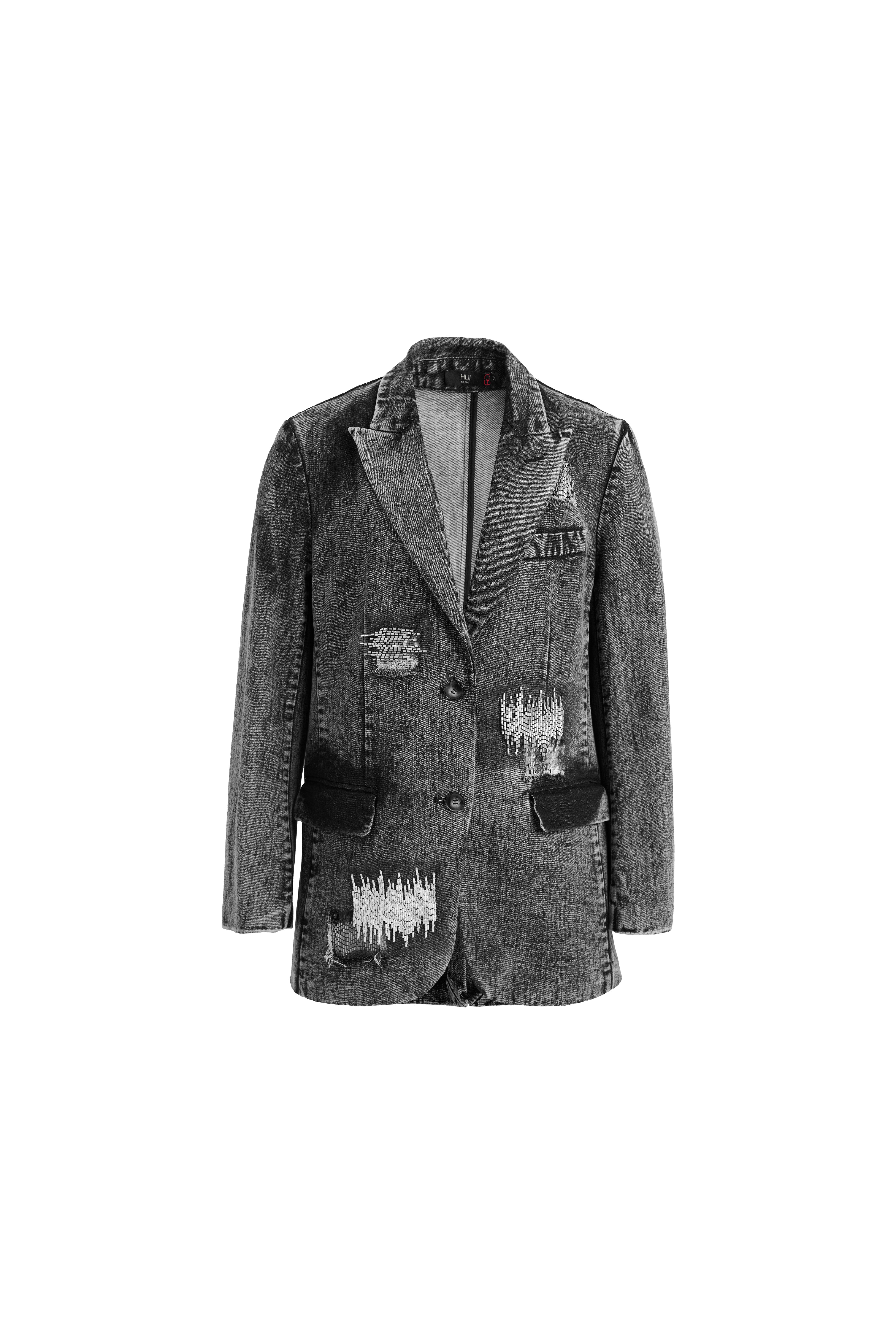Hui Milano dark grey denim jacket with classic formal cut, featuring rips, patches, tube bead embroidery, and snowflake wash effect, casual yet sophisticated urban-inspired style, front view on white background.