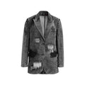 Hui Milano dark grey denim jacket with classic formal cut, featuring rips, patches, tube bead embroidery, and snowflake wash effect, casual yet sophisticated urban-inspired style, front view on white background.