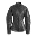 Hui Milano dark grey modern leather biker jacket with high collar, zip closure, contrast panels, and refined stitching, slim fit with cinched waist, elegant and contemporary design, front view on white background.