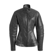 Hui Milano dark grey modern leather biker jacket with high collar, zip closure, contrast panels, and refined stitching, slim fit with cinched waist, elegant and contemporary design, front view on white background.
