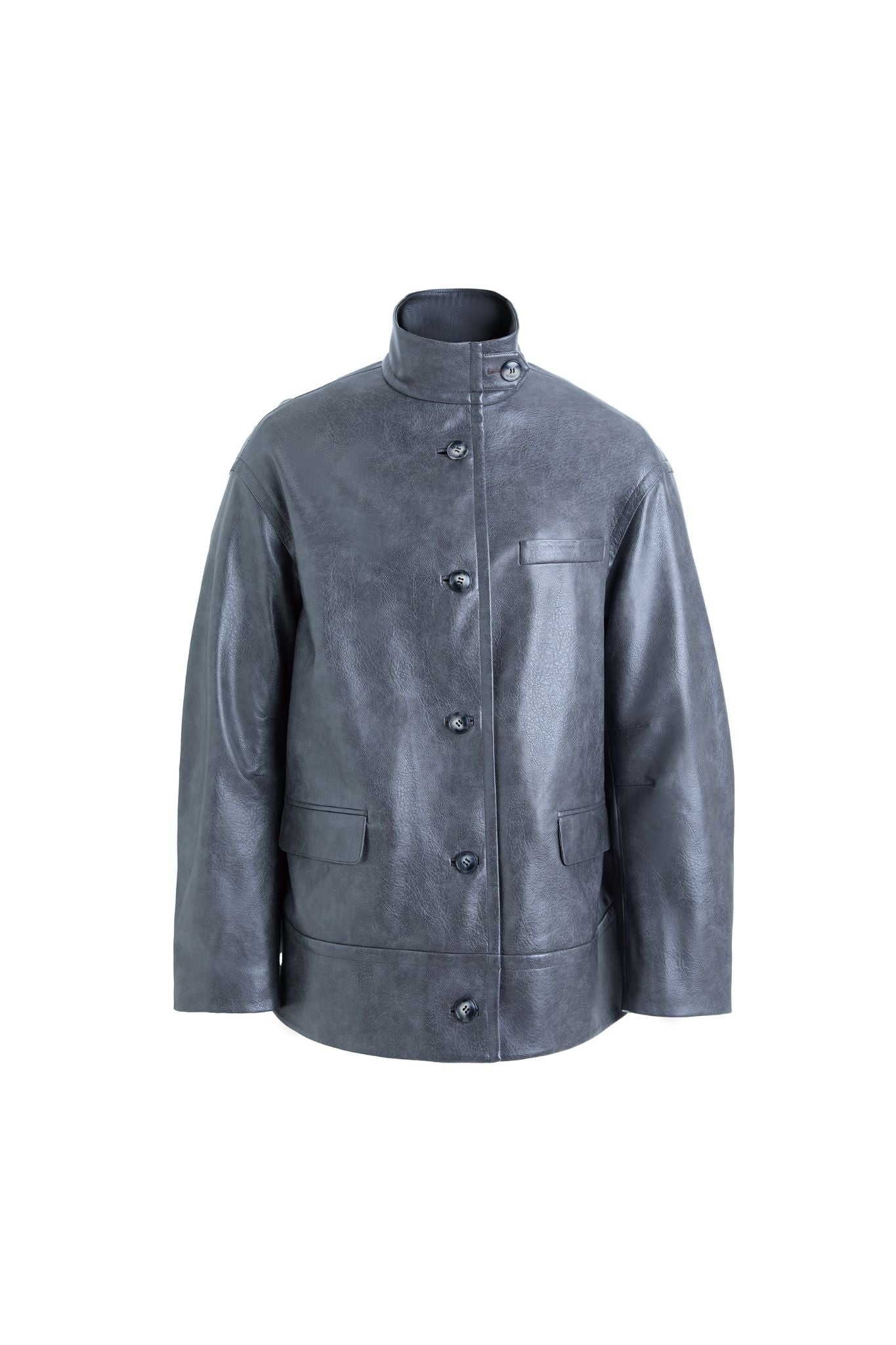 Hui Milano dark grey leather jacket with high collar, multiple front buttons, and numerous pockets, minimalist and elegant design, versatile for wind and cold protection, front view on white background.