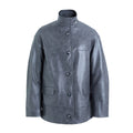 Hui Milano dark grey leather jacket with high collar, multiple front buttons, and numerous pockets, minimalist and elegant design, versatile for wind and cold protection, front view on white background.
