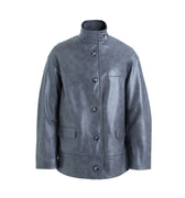 Hui Milano dark grey leather jacket with high collar, multiple front buttons, and numerous pockets, minimalist and elegant design, versatile for wind and cold protection, front view on white background.