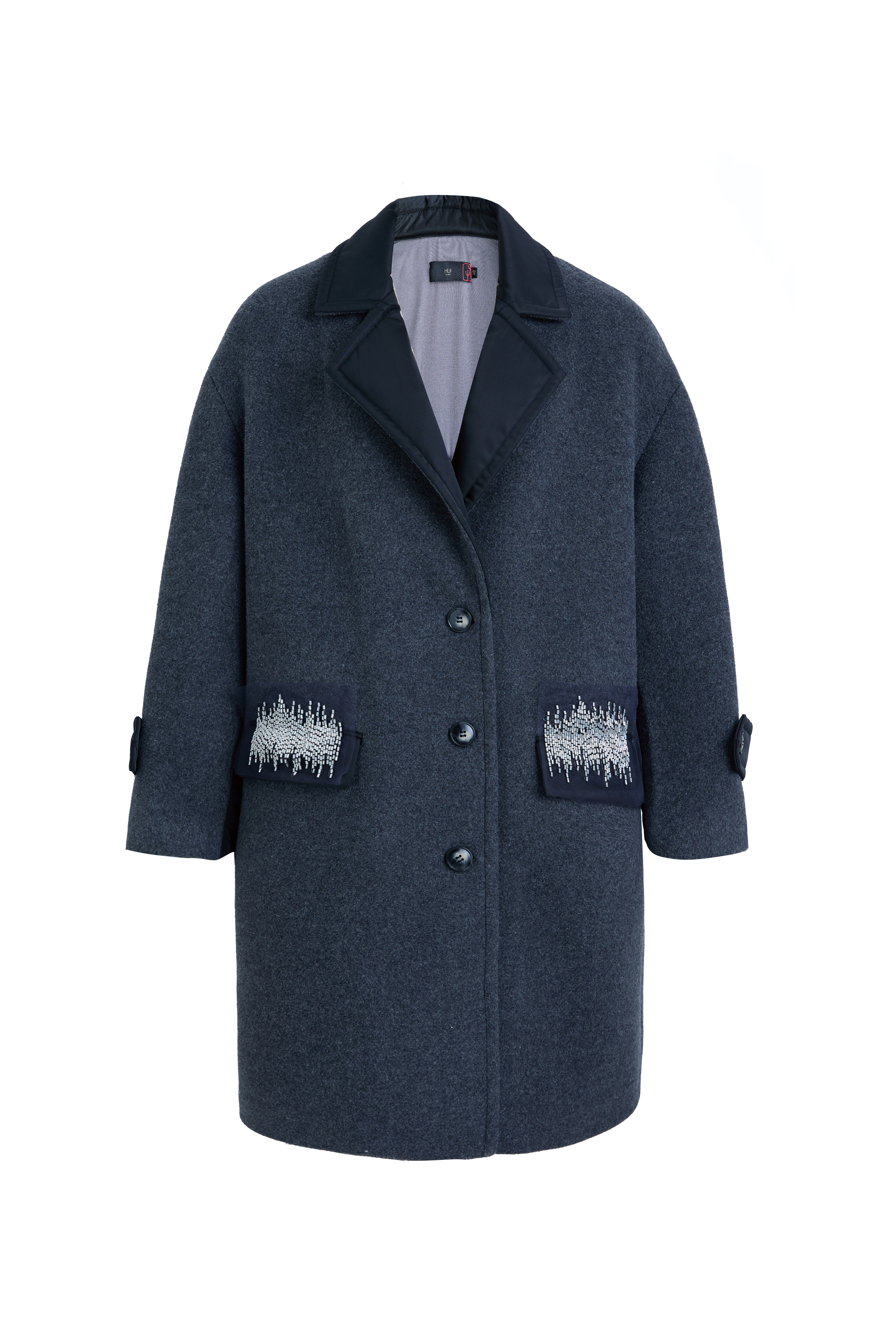 Hui Milano dark grey long wool coat with classic notch lapels, button closure, and side pockets with delicate bead embroidery, elegant and timeless design for formal and everyday looks, front view on white background.