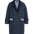 Hui Milano dark grey long wool coat with classic notch lapels, button closure, and side pockets with delicate bead embroidery, elegant and timeless design for formal and everyday looks, front view on white background.