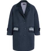 Hui Milano dark grey long wool coat with classic notch lapels, button closure, and side pockets with delicate bead embroidery, elegant and timeless design for formal and everyday looks, front view on white background.