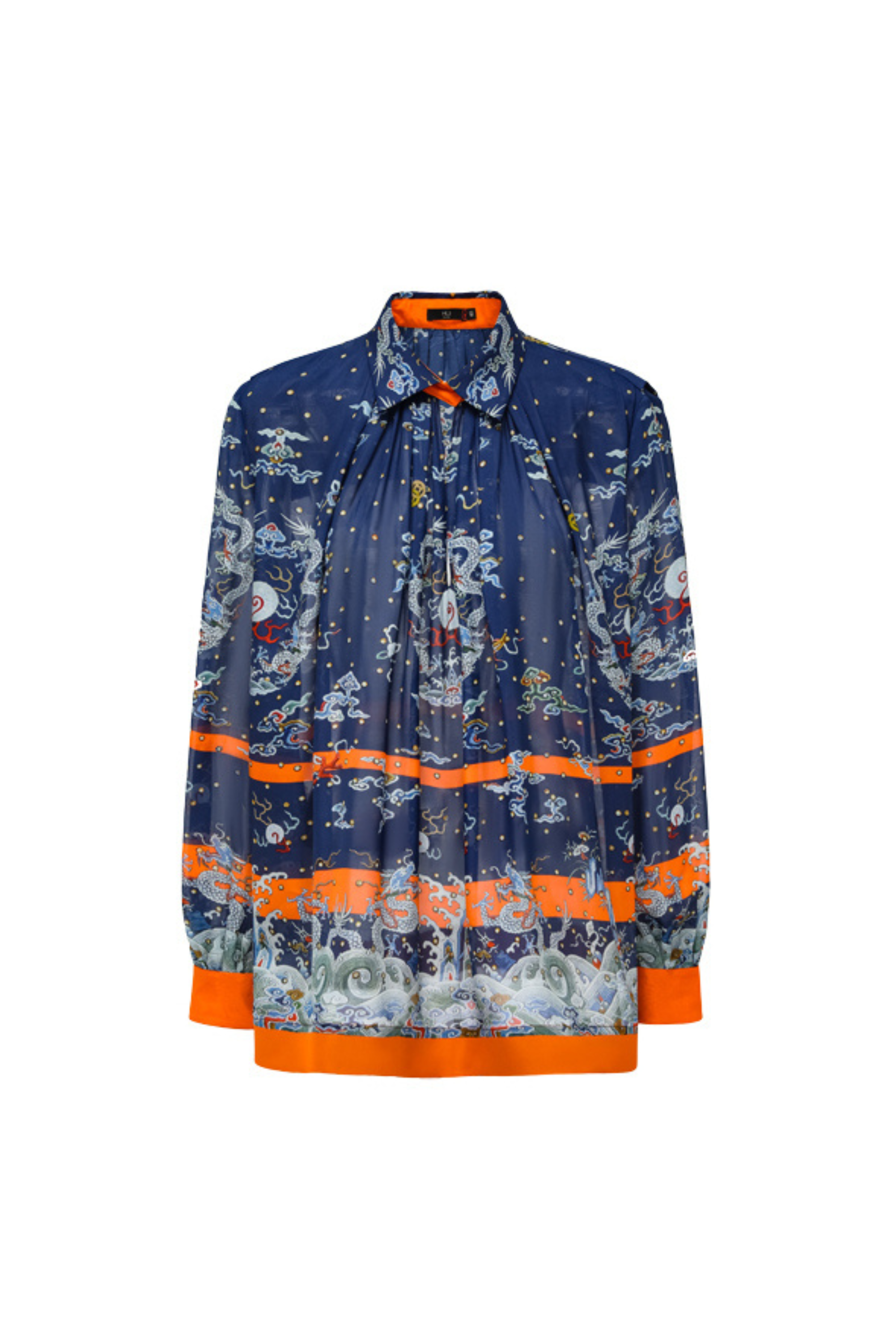 Hui Milano long-sleeve deep blue silk shirt with golden dragon, cloud, and sea motifs, accented by orange decorative stripes on collar, cuffs, and body, elegant and artistic statement design, front view on white background.