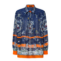 Hui Milano long-sleeve deep blue silk shirt with golden dragon, cloud, and sea motifs, accented by orange decorative stripes on collar, cuffs, and body, elegant and artistic statement design, front view on white background.