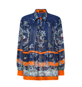 Hui Milano long-sleeve deep blue silk shirt with golden dragon, cloud, and sea motifs, accented by orange decorative stripes on collar, cuffs, and body, elegant and artistic statement design, front view on white background.