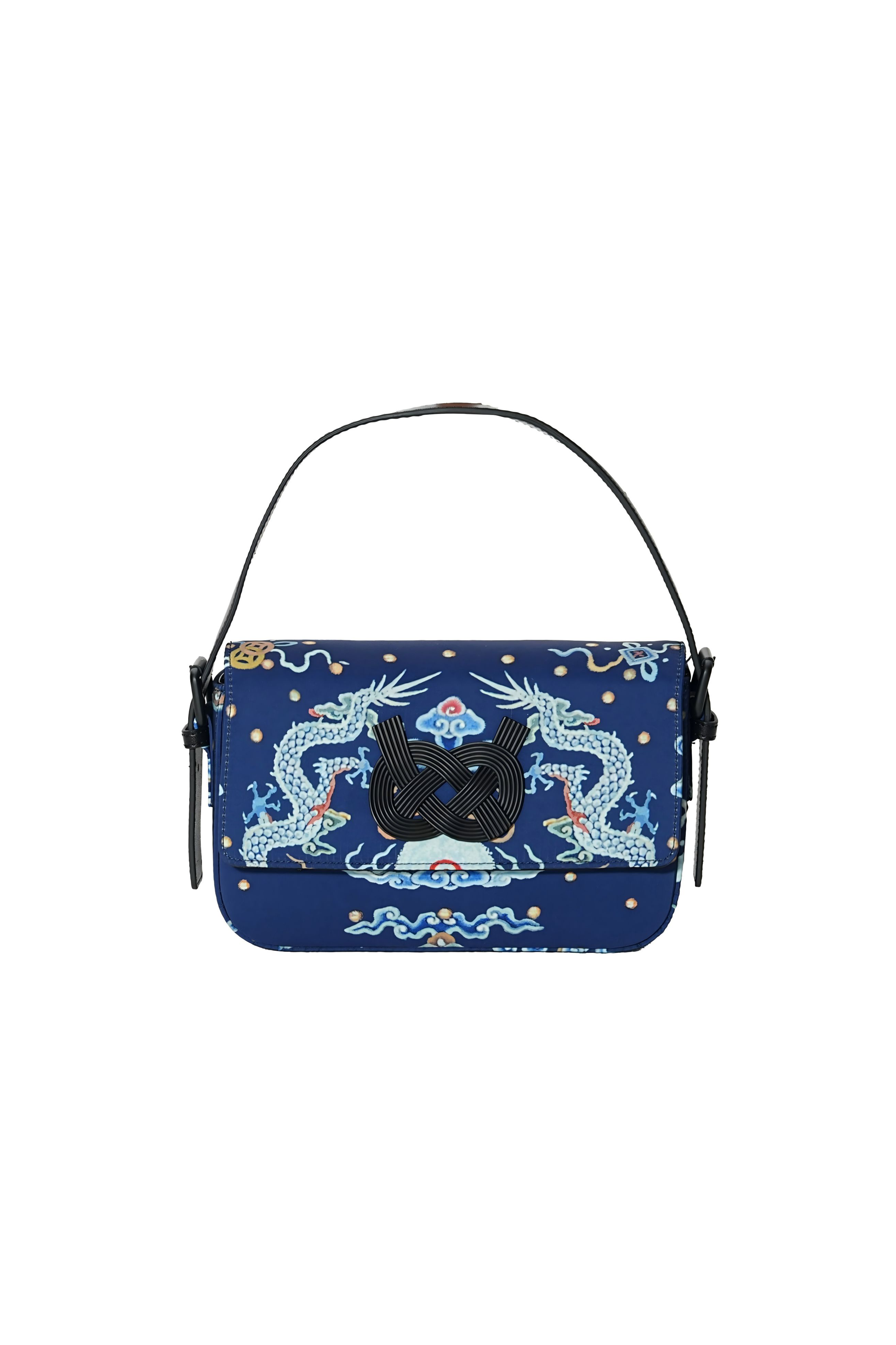 Hui Milano nylon bag with dragon motif, black closure and handle, combining striking design with practical functionality, front view on white background.