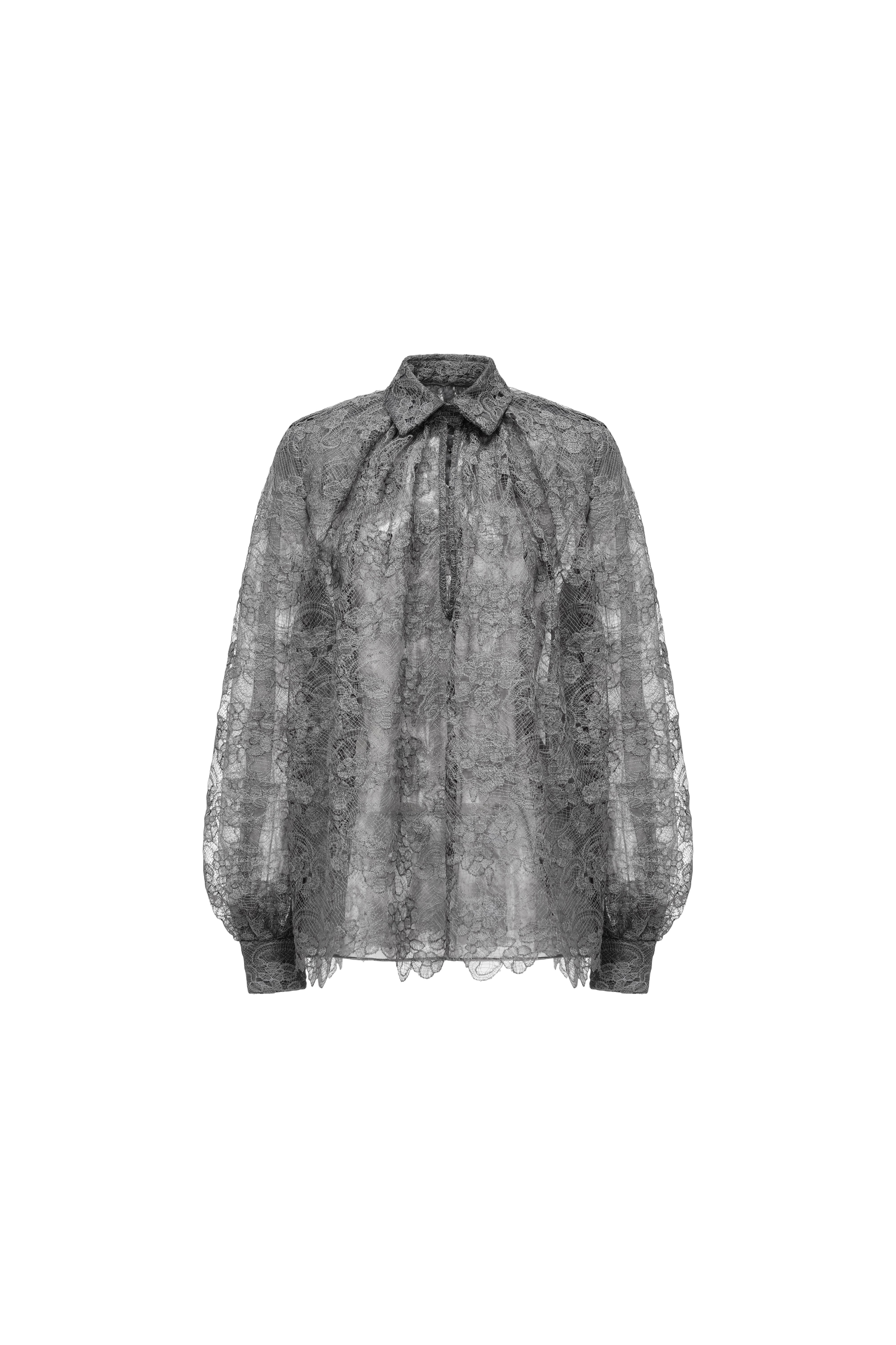 Hui Milano grey transparent lace shirt with intricate patterns, lantern sleeves, and natural lace hem, elegant and romantic design in light organza, versatile for standalone or layered styling, front view on white background.