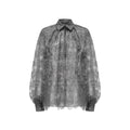 Hui Milano grey transparent lace shirt with intricate patterns, lantern sleeves, and natural lace hem, elegant and romantic design in light organza, versatile for standalone or layered styling, front view on white background.