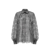 Hui Milano grey transparent lace shirt with intricate patterns, lantern sleeves, and natural lace hem, elegant and romantic design in light organza, versatile for standalone or layered styling, front view on white background.