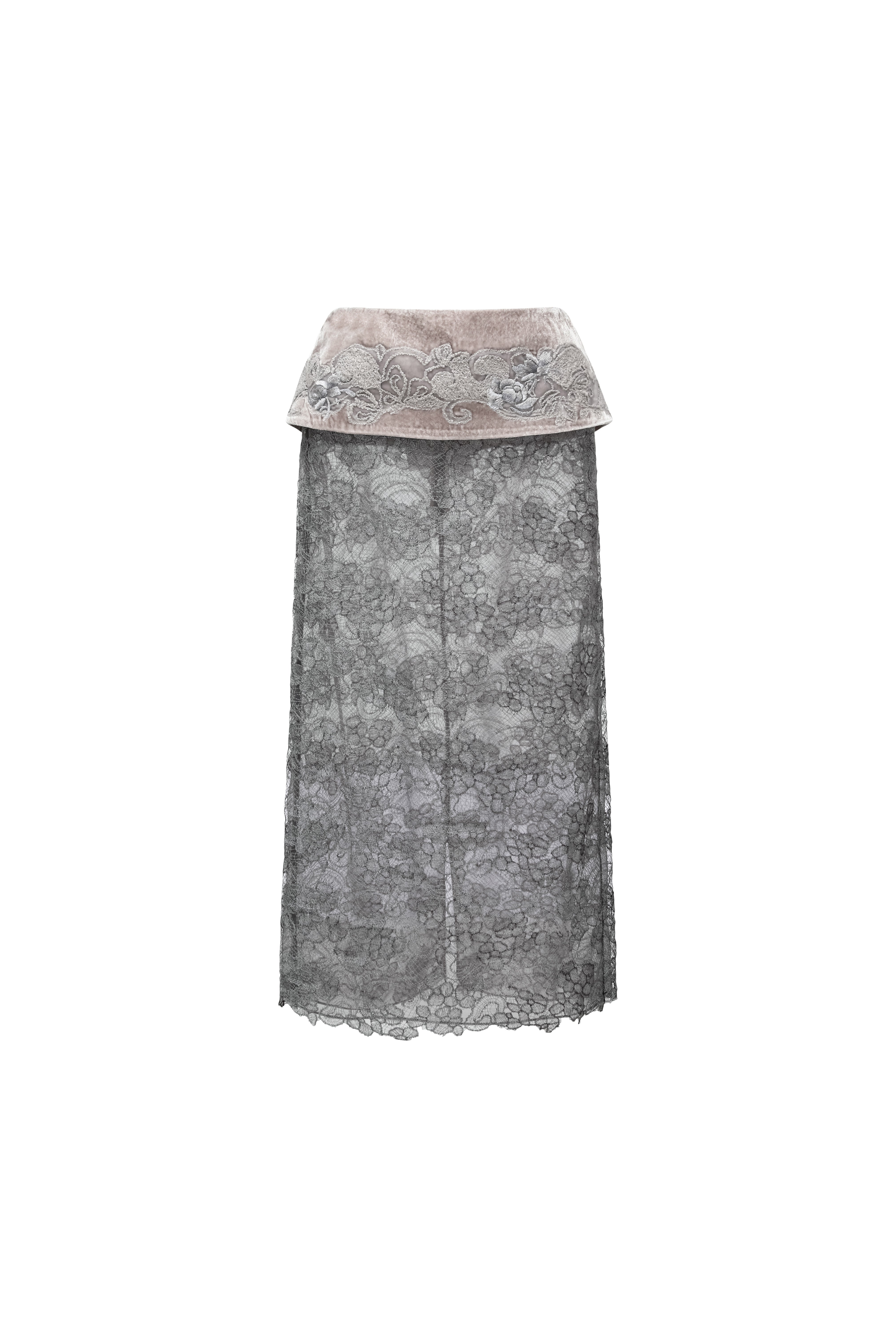 Hui Milano grey midi skirt with embroidered velvet waistband and delicate lace overlay, three-dimensional waist embroidery adding refined elegance, lightweight and romantic design, front view on white background.
