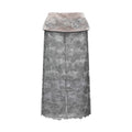 Hui Milano grey midi skirt with embroidered velvet waistband and delicate lace overlay, three-dimensional waist embroidery adding refined elegance, lightweight and romantic design, front view on white background.