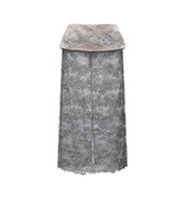 Hui Milano grey midi skirt with embroidered velvet waistband and delicate lace overlay, three-dimensional waist embroidery adding refined elegance, lightweight and romantic design, front view on white background.