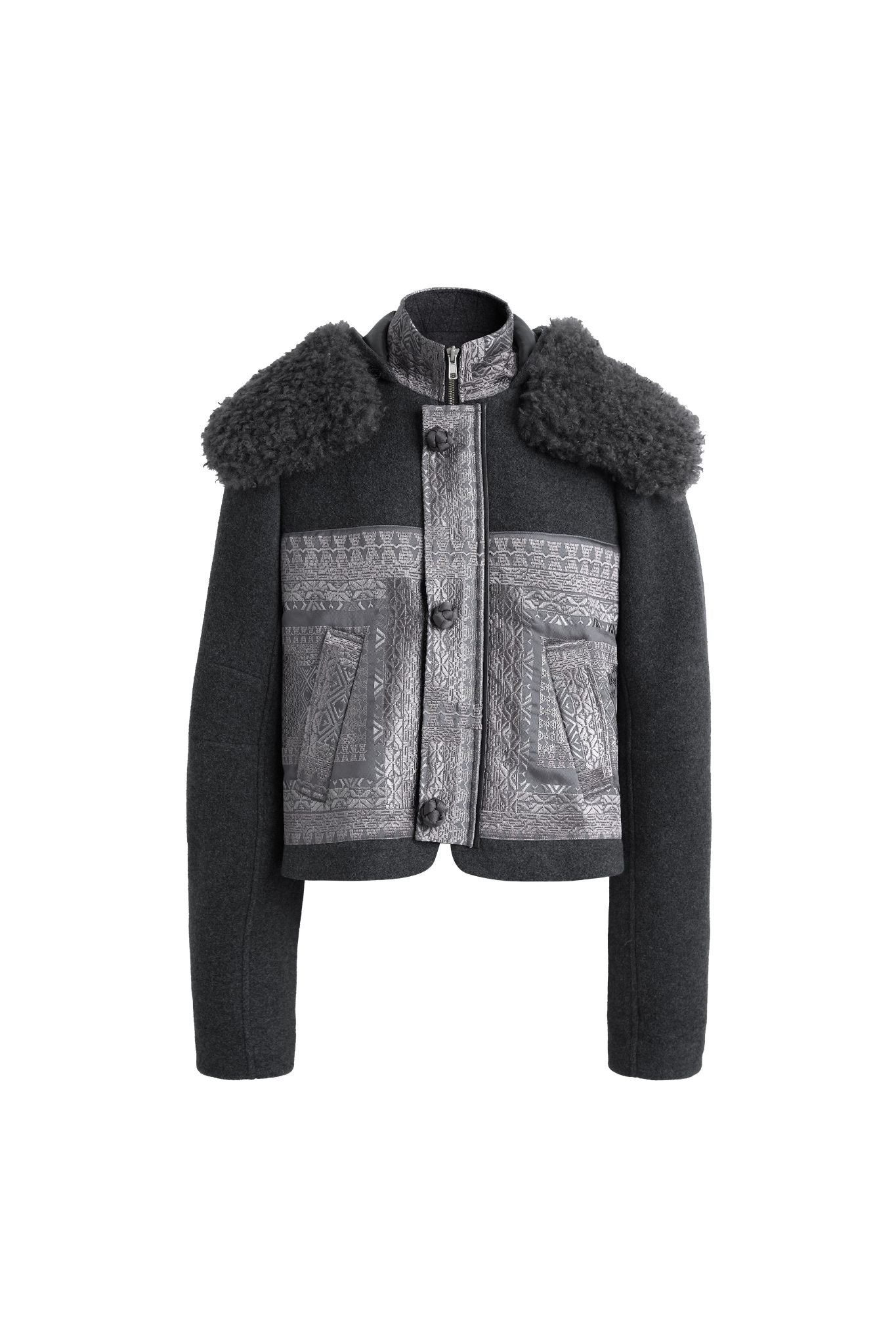 “Hui Milano grey wool jacket with fur shoulder details, front panels embroidered with traditional Miao motifs, double zipper and button closure, elegant and culturally inspired winter design, front view on white background.”