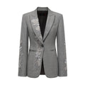 Hui Milano grey wool jacket with classic notched lapel, single-button closure, left chest pocket, and delicate white embroidery on sleeves and front, elegant and structured design for formal or semi-formal occasions, front view on white background.