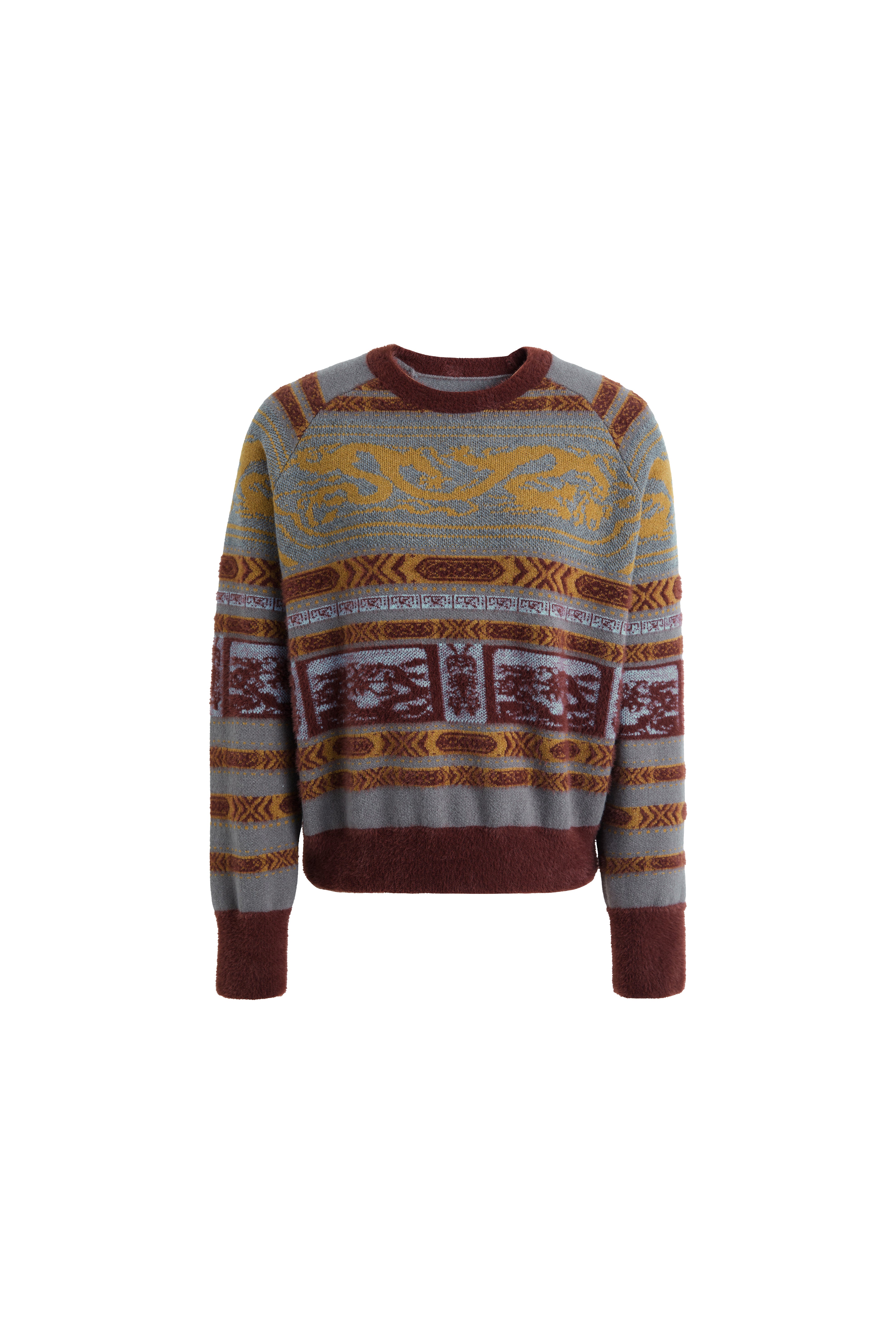 Hui Milano long-sleeve grey wool sweater with jacquard geometric and dragon-patterned motifs in yellow and brown, slouchy fit combining retro charm with ethnic influences, soft and warm for comfortable everyday wear, front view on white background.