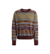 Hui Milano long-sleeve grey wool sweater with jacquard geometric and dragon-patterned motifs in yellow and brown, slouchy fit combining retro charm with ethnic influences, soft and warm for comfortable everyday wear, front view on white background.