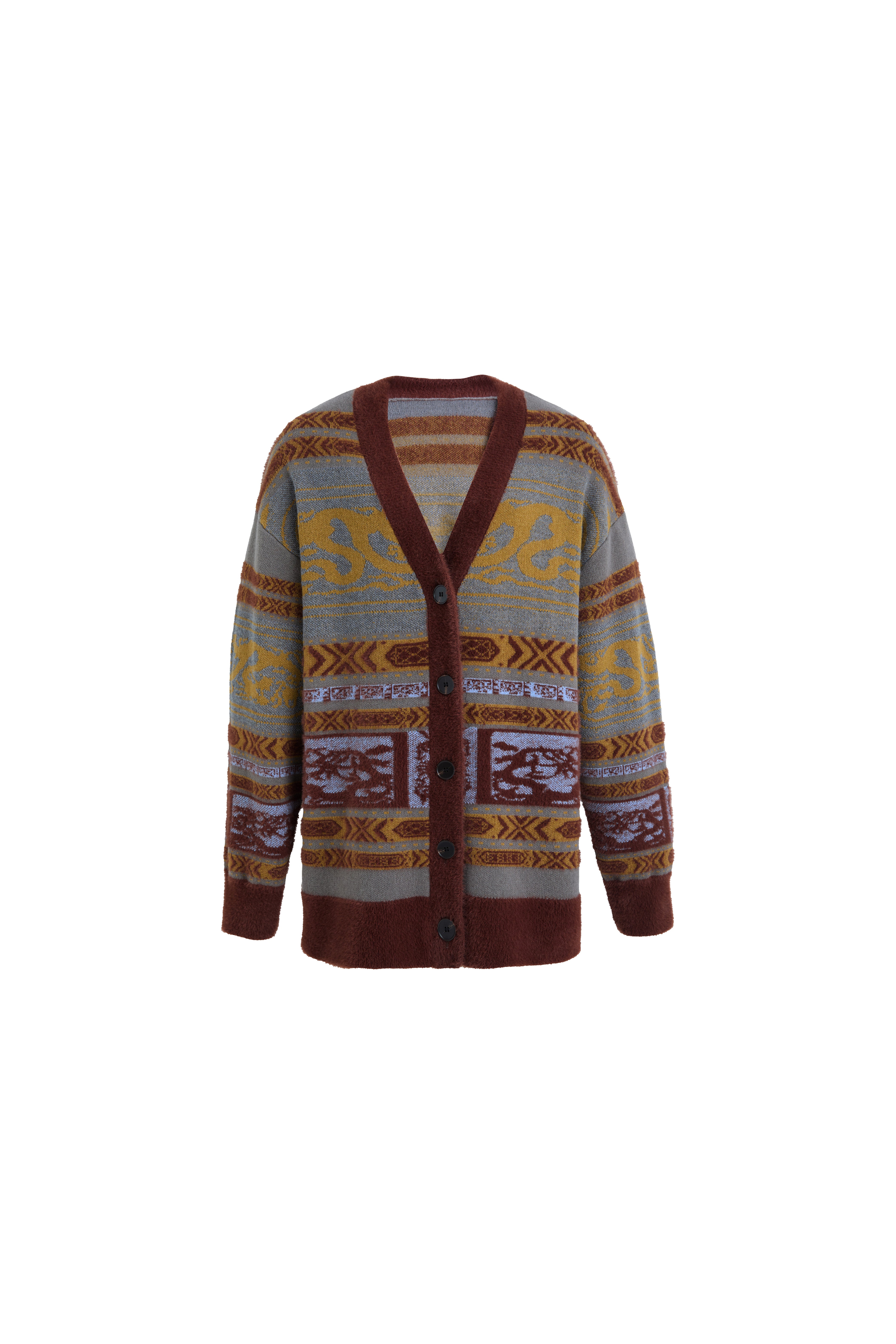 Hui Milano V-neck slouchy cardigan in grey wool with jacquard geometric and dragon-patterned motifs in yellow, brown, and complementary tones, featuring functional collar buttons, vintage-inspired ethnic design, front view on white background.