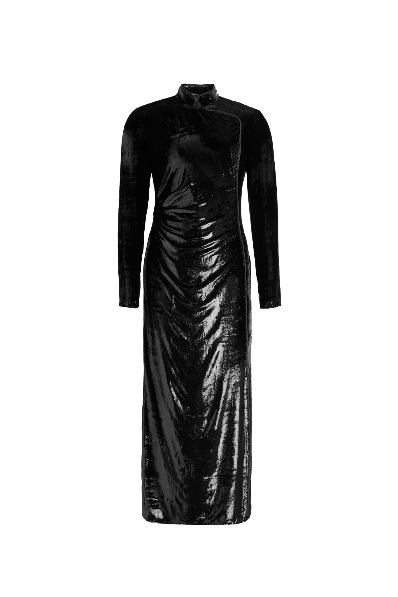 Hui Milano long black velvet qipao with high collar, traditional knot buttons, and side pleats for depth and refined retro charm, crafted from glossy velvet for luxurious elegance, front view on white background.