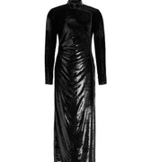 Hui Milano long black velvet qipao with high collar, traditional knot buttons, and side pleats for depth and refined retro charm, crafted from glossy velvet for luxurious elegance, front view on white background.