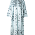 Hui Milano long soft blue coat with traditional Chinese floral and butterfly digital print, lace-embroidered collar, dropped shoulders, and ankle-length drape, relaxed oriental-inspired design, front view on white background.