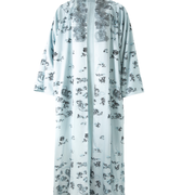 Hui Milano long soft blue coat with traditional Chinese floral and butterfly digital print, lace-embroidered collar, dropped shoulders, and ankle-length drape, relaxed oriental-inspired design, front view on white background.