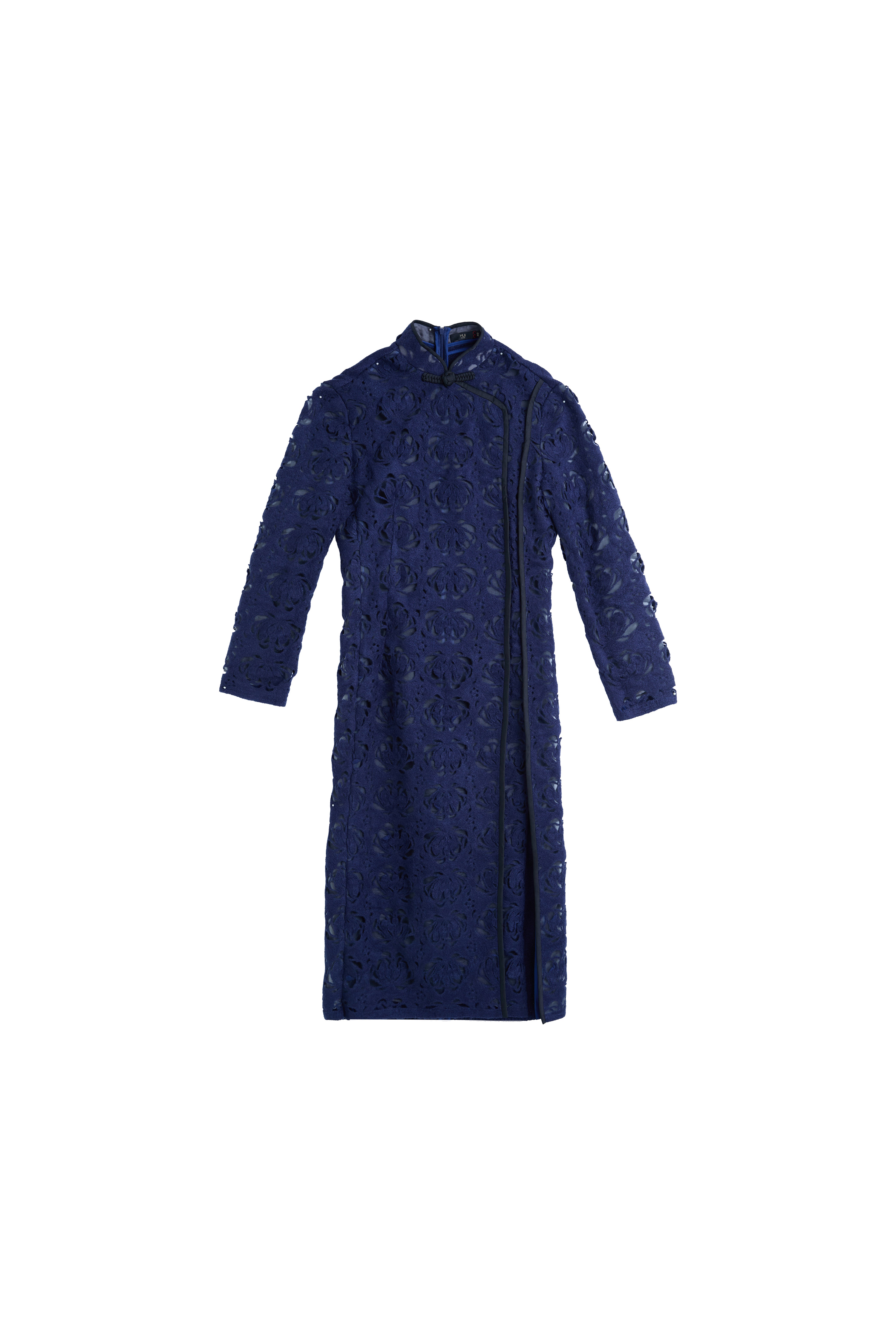 Hui Milano long blue qipao with classic high Chinese collar, knot buttons, and black side lines shaping the silhouette, crafted from mohair lace with three-dimensional motifs for romantic and feminine elegance, front view on white background.