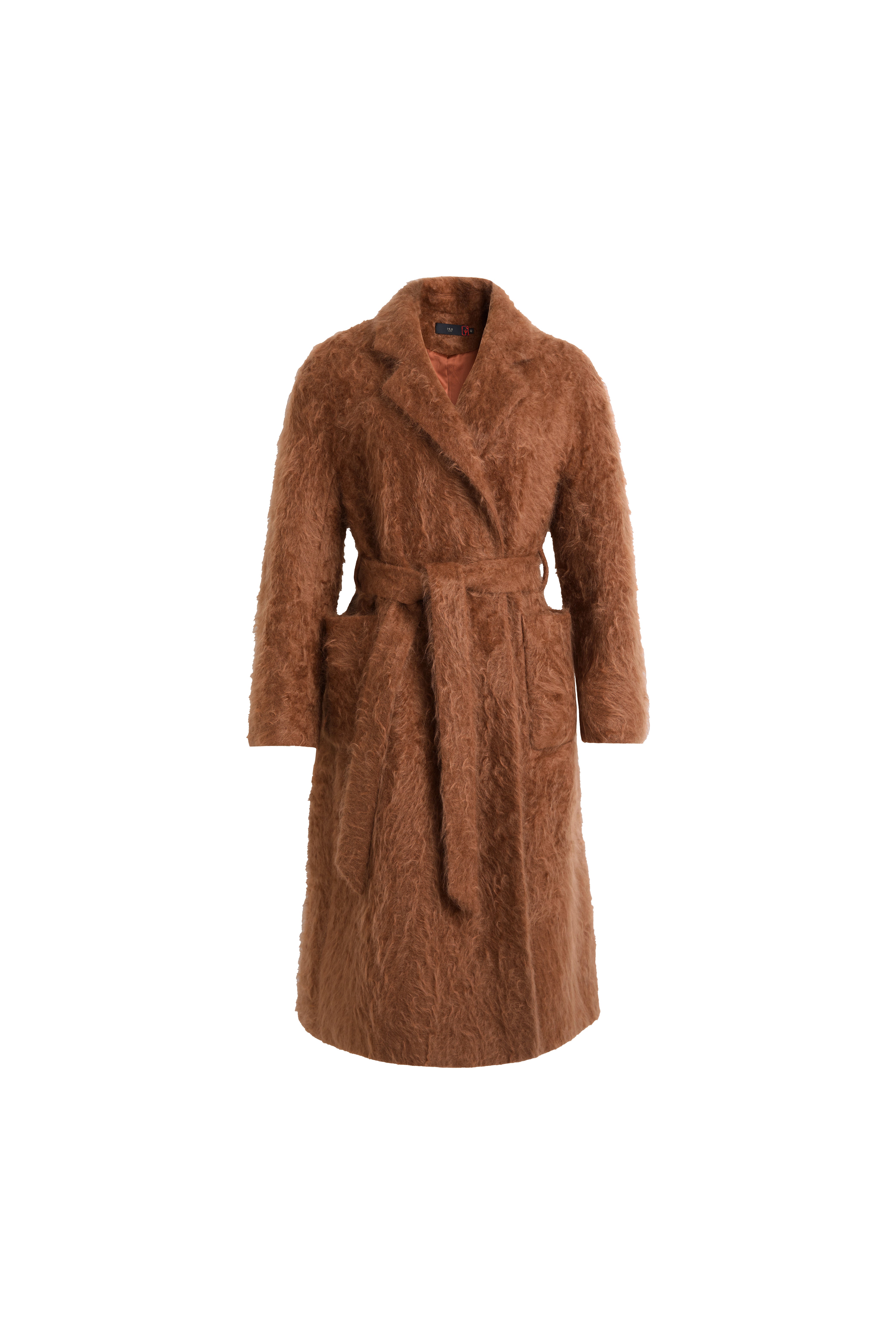 Hui Milano long brown cashmere coat with plush texture, fur details, and waist belt, luxurious and elegant winter outerwear, timeless and sophisticated design, front view on white background.