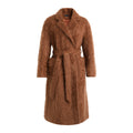 Hui Milano long brown cashmere coat with plush texture, fur details, and waist belt, luxurious and elegant winter outerwear, timeless and sophisticated design, front view on white background.