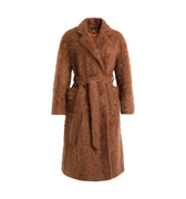 Hui Milano long brown cashmere coat with plush texture, fur details, and waist belt, luxurious and elegant winter outerwear, timeless and sophisticated design, front view on white background.