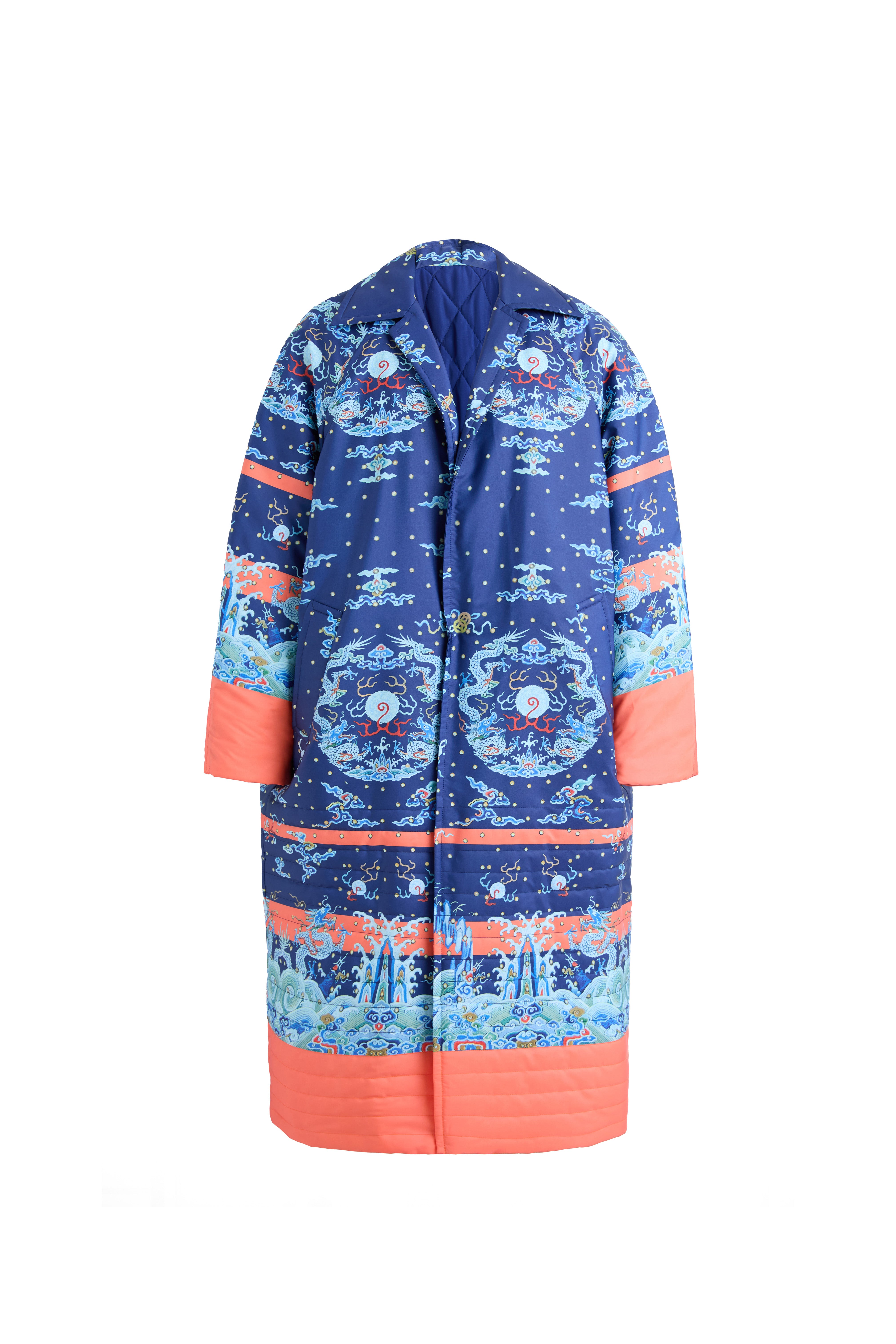 Hui Milano long dark blue cotton coat decorated with golden dragon, cloud, and sea motifs, accented with orange sleeve and hem inserts, blending traditional Chinese artistry with modern sporty elegance, front view on white background.